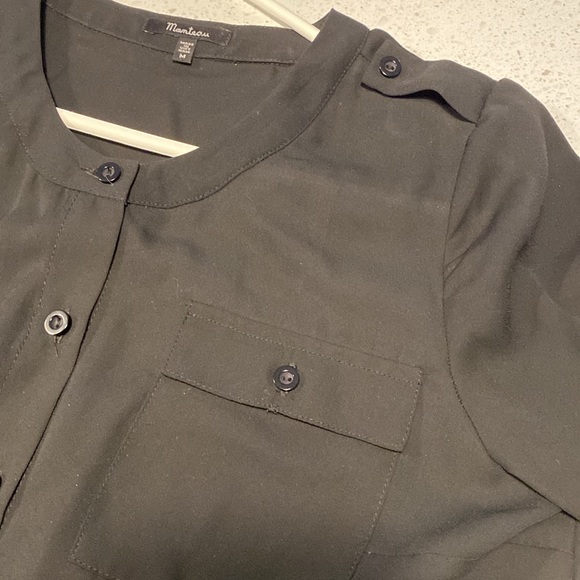 MONTEAU black sheer blouse patch pockets collarless M - Picture 5 of 5